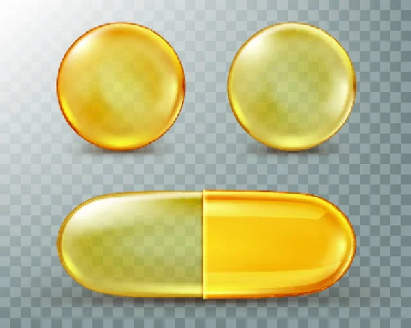 Kapszulák Olajjal Arany Kerek Ovális Tablettákkal — Stock Vector
