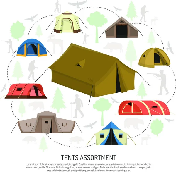 Camping Tenten Selectie Samenstelling Advertentie Poster — Stockvector