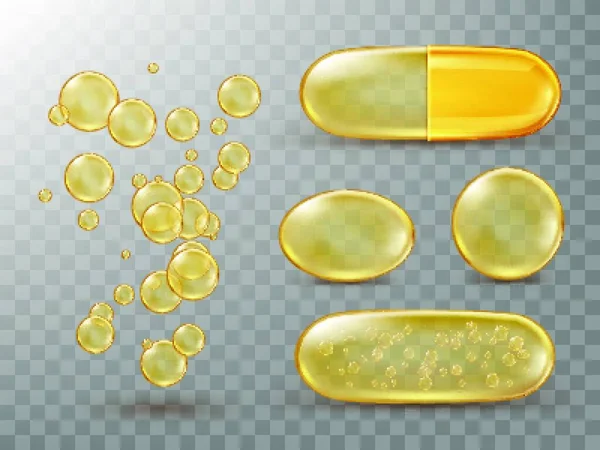 Kapsułki Olejem Złote Okrągłe Owalne Tabletki — Wektor stockowy
