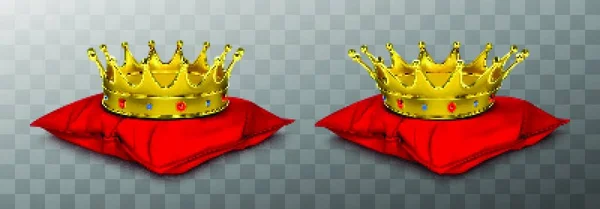 国王和王后戴在红枕头上的金王冠 — 图库矢量图片