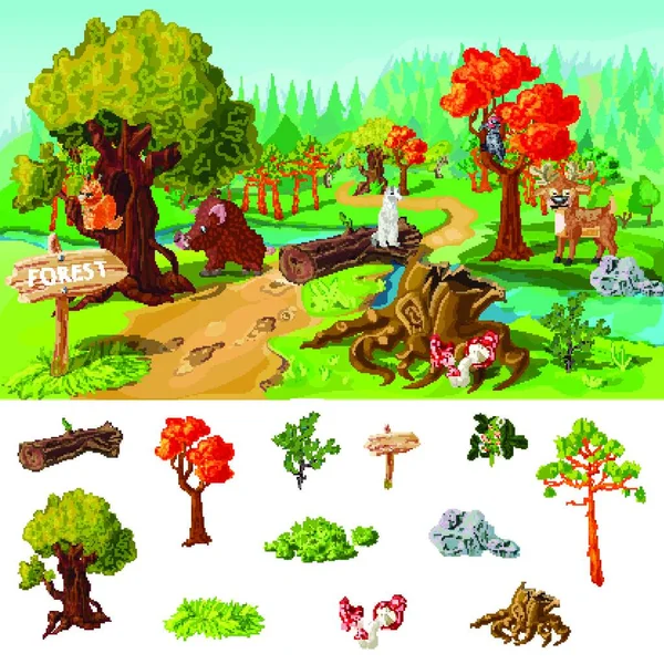 Elementi Forestali Concetto Illustrazione Vettoriale — Vettoriale Stock