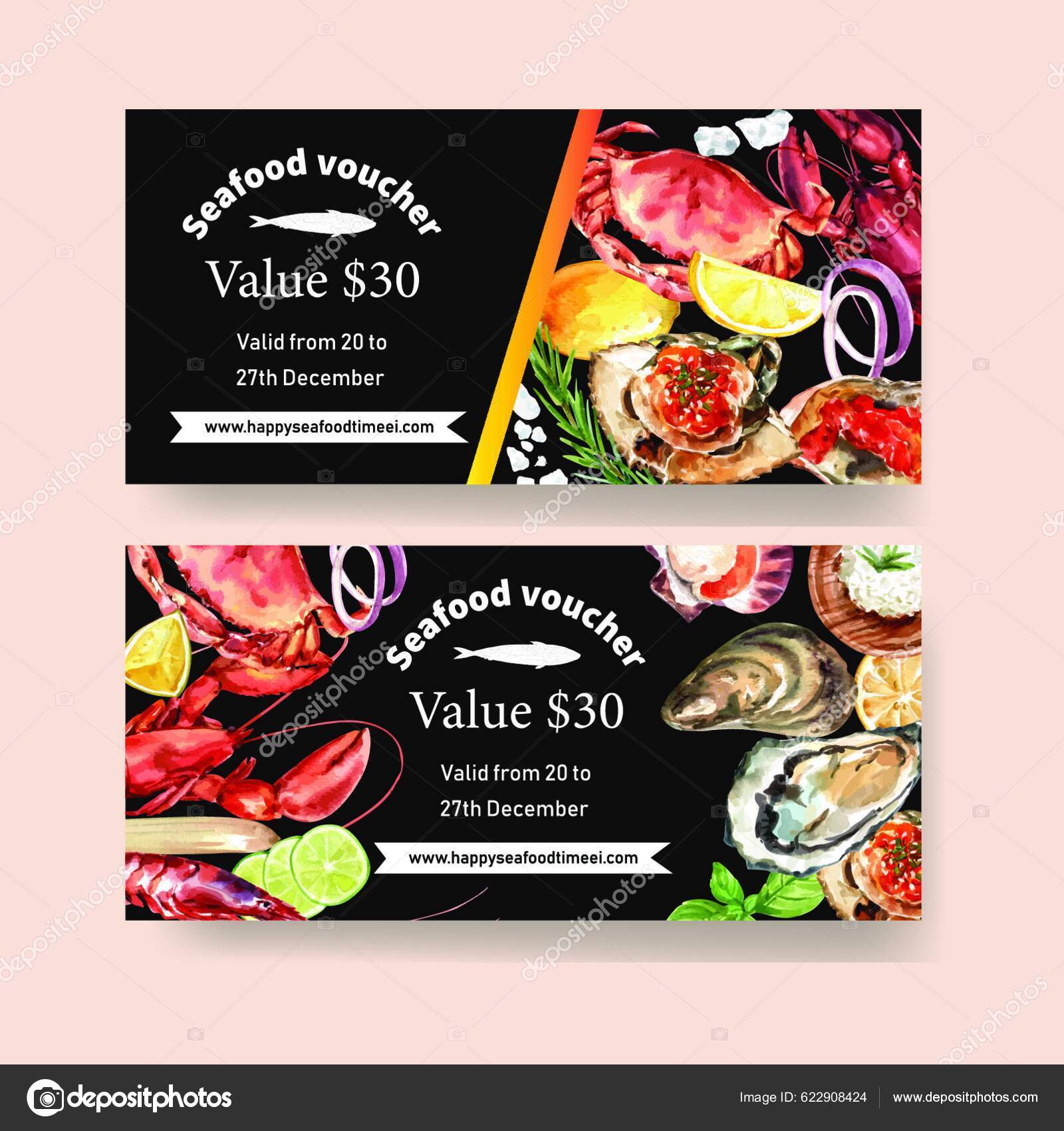 Seafood Voucher Design Crab Lobster Oyster Illustration Watercolor