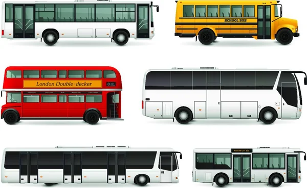 Conjunto Realista Ônibus Ilustração Vetorial Simples — Vetor de Stock
