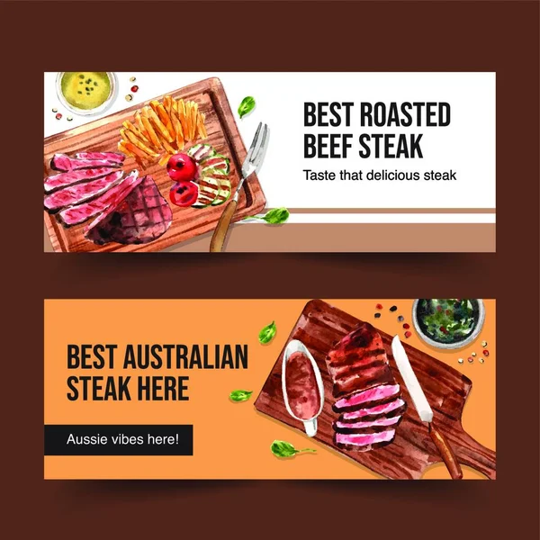 Steak Banner Design French Fries Grilled Meat Watercolor Illustration — стоковый вектор