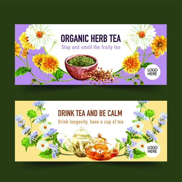 Herbal Tea Banner Design Tea Pot Chamomile Marigold Watercolor Illustration — Archivo Imágenes Vectoriales