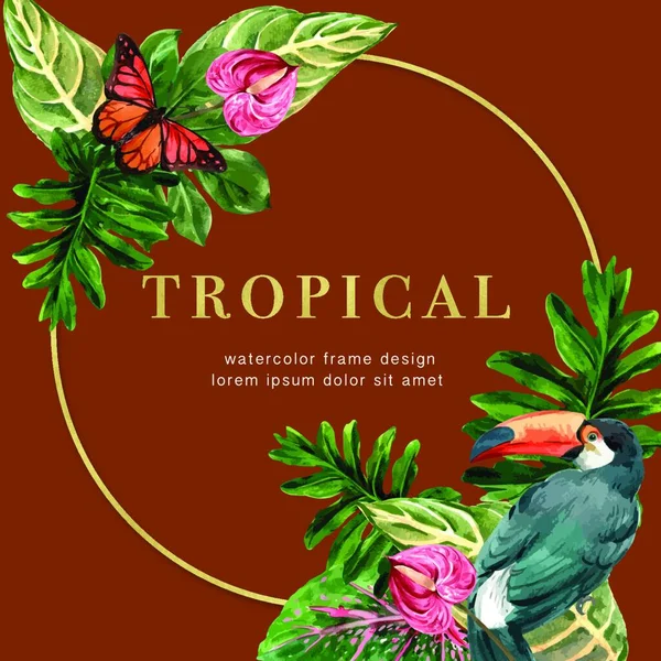 Konstrukcja Ramy Tropikalnej Koncepcją Liści Tropikalnych Kreatywny Toucan Ilustracja Motyla — Wektor stockowy