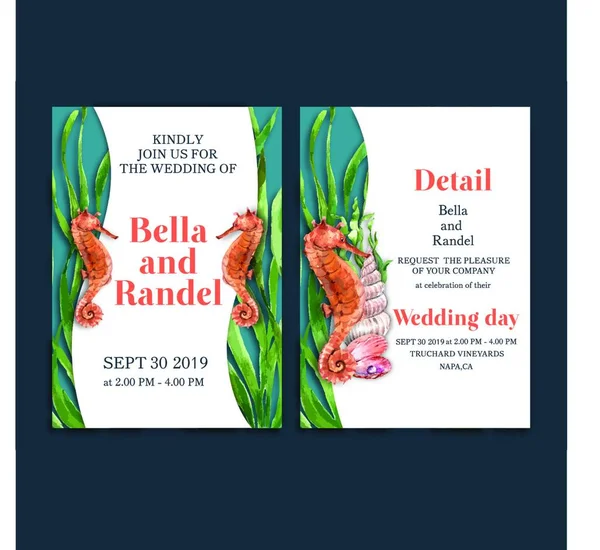 Wedding Invitation Watercolor Design Seahorse Kelp Concept Decoration Vector Card - Stok Vektor