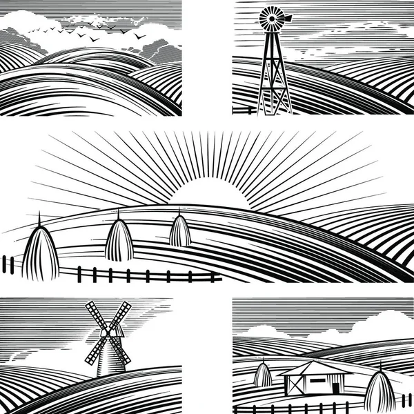 Retro Rural Landscapes Graphic Vector Illustration — Stock Vector