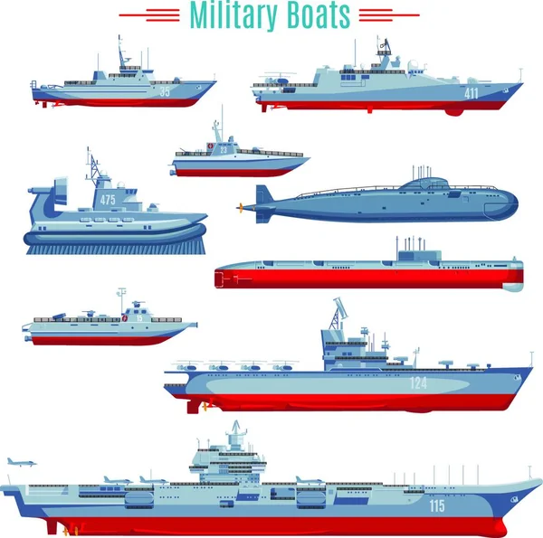 Askeri Tekne Koleksiyonu Grafik Vektör Illüstrasyonu — Stok Vektör