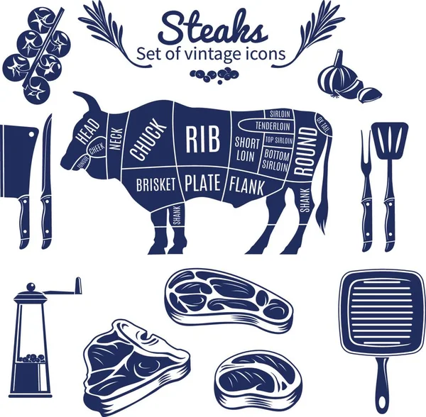 Steaks Vintage Stil Ikonen Set — Stockvektor