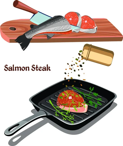 Esquisse Concept Coloré Cuisson Steak Saumon — Image vectorielle