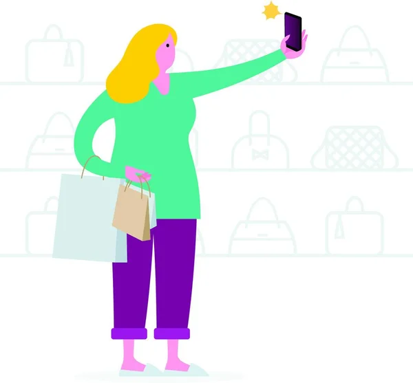 Mulher Tirando Selfie Frente Tela Loja Usando Smartphone Estilo Vida —  Vetores de Stock
