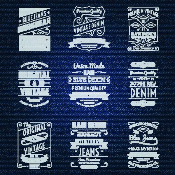 Denim Jeans Vita Typografi Etiketter — Stock vektor