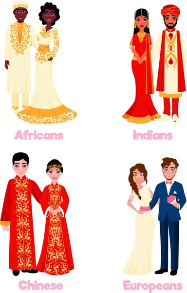 Multicultural Wedding Couples Colorful Vector Illustration — Stock Vector