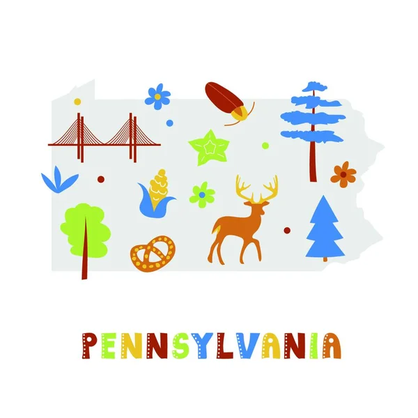 Usa Kartensammlung Staatssymbole Auf Grauer Staatssilhouette Pennsylvania — Stockvektor