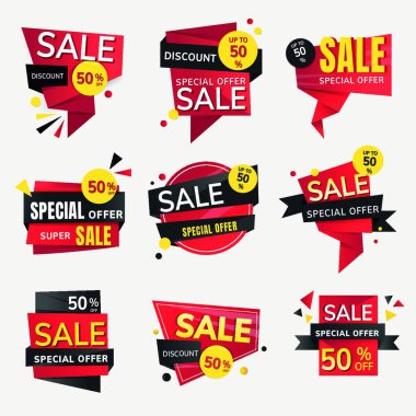 İndirimli çıkartmalar koleksiyonu. Özel teklif etiketleri. Özel fiyat etiketi. İndirim fiyatı. Özel teklif rozeti. İndirim rozeti. vektör