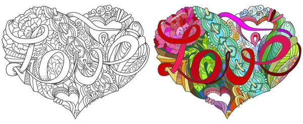 Sketchy Doodle Heart Ilustración Con Palabra Love — Vector de stock