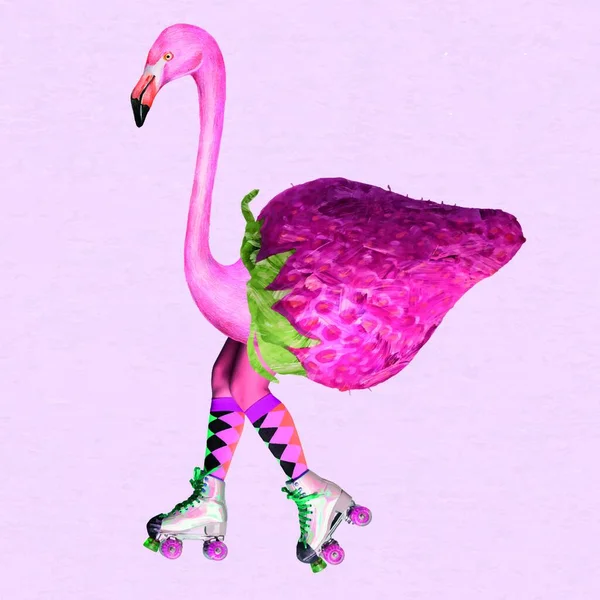 Kolaj Funky Retro Sticker Vektörü Pembe Flamingo Karışık Medya Sanatı — Stok Vektör