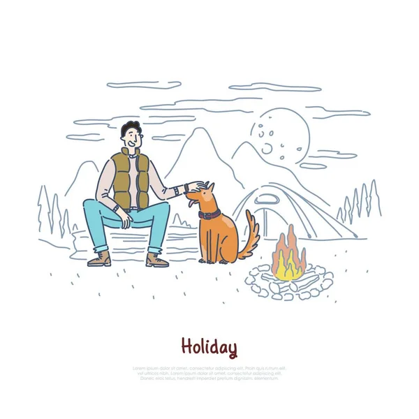 Tourist with dog sitting by campfire, hiking trip, camp in forest, holiday vacation, nature recreation, camping banner
