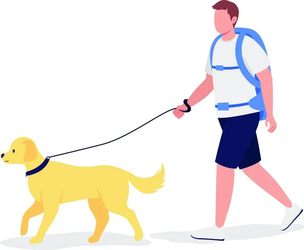 Homem Com Mochila Andar Com Cão Personagem Vetor Cor Semi —  Vetores de Stock