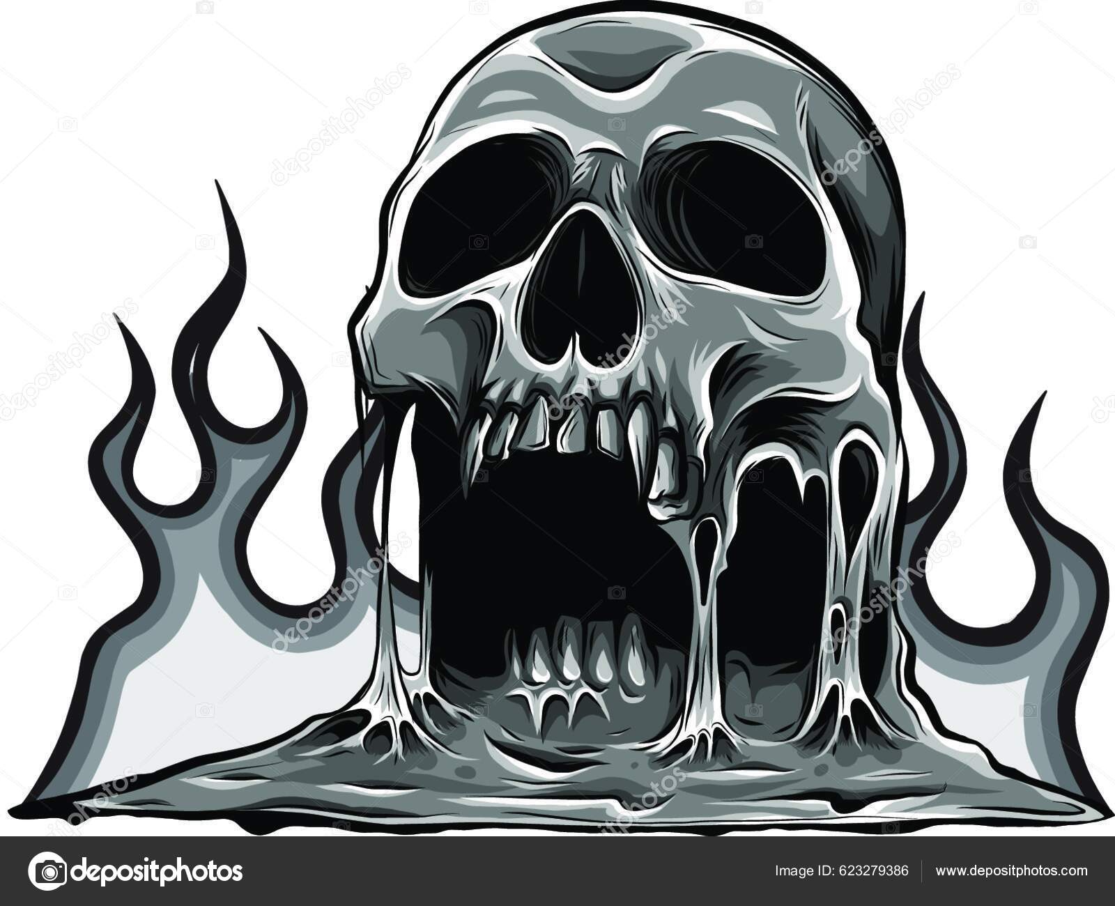 Monochromatic Skull Melting Vector Drawing Illustration Stock Vector by