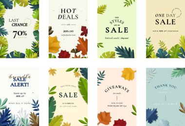 Sosyal medya satışları için renkli yapraklar, mobil afişler, posterler, kartlar, set satışı ve indirimler, vektör