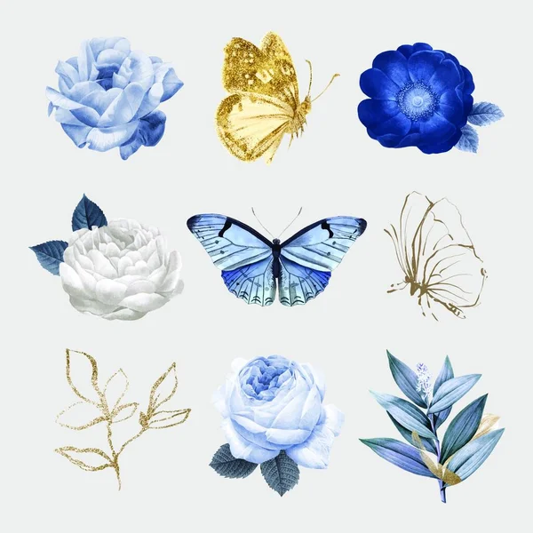 花と蝶のセット — ストックベクタ