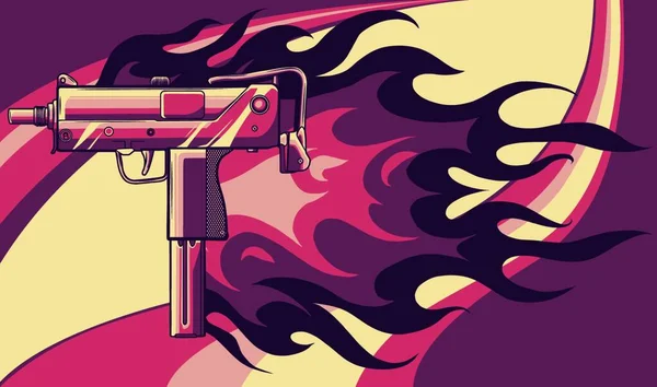 Illustration Vectorielle Pistolet Uzi Avec Flammes — Image vectorielle