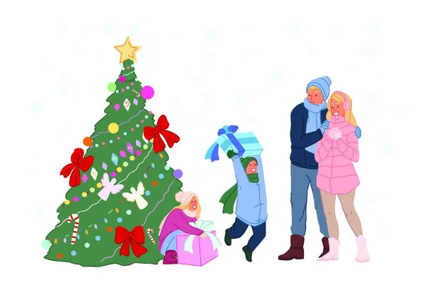 Yılbaşı Kutlaması Noel Ağacı Altında Çocukça Hediyeler Kış Aile Yürüyüşü — Stok Vektör