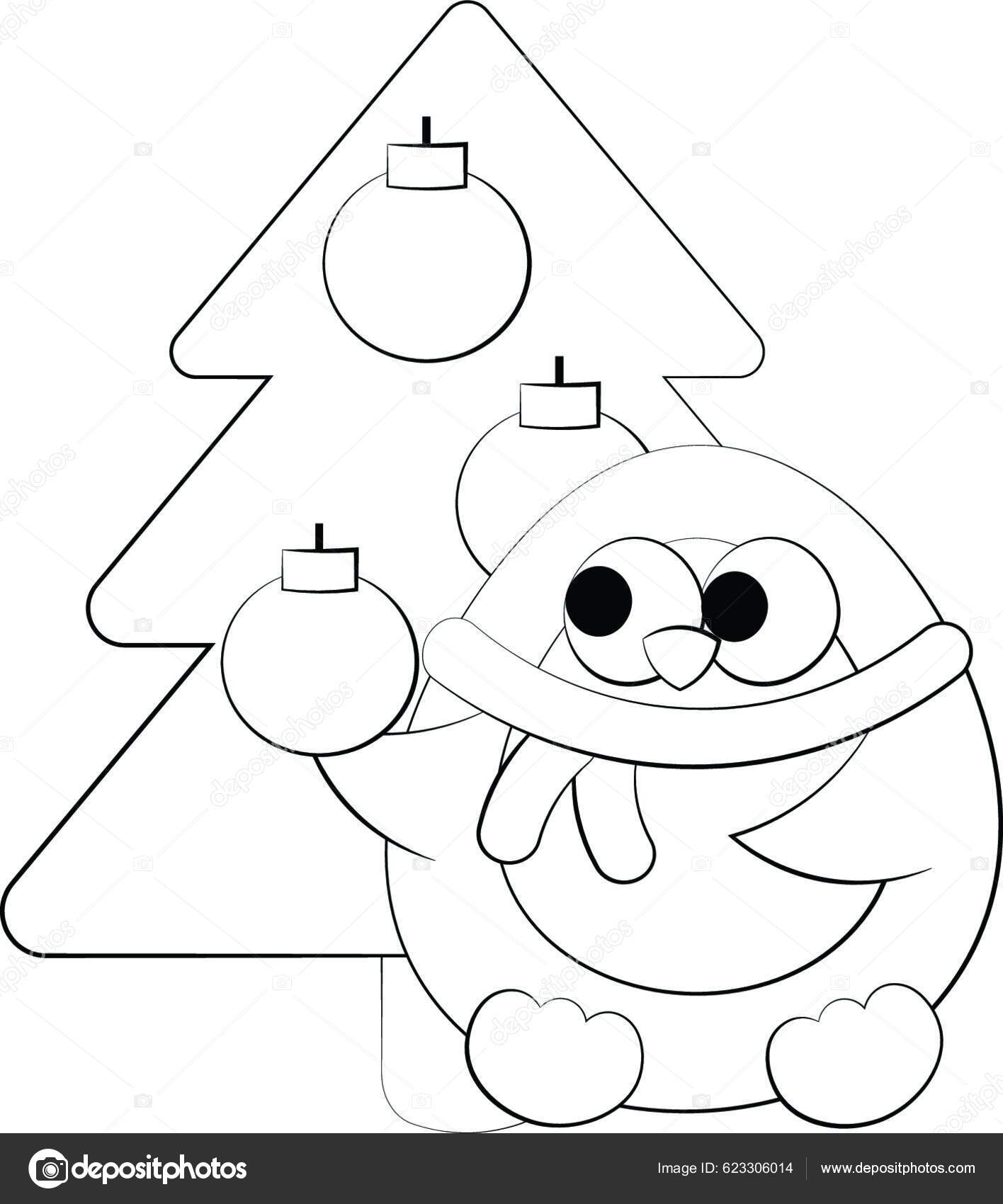 Sød Tegneserie Pingvin Juletræ Tegn Illustration Sort Hvid Stockvektor ...