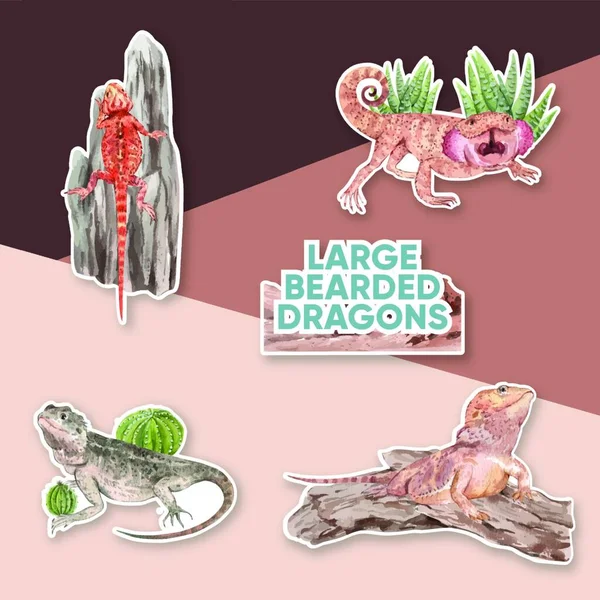 Sticker Template Bearded Dragon Animal Concept Watercolor Style — 스톡 벡터