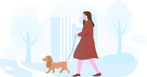 Woman Her Dog Going Walk —  Vetores de Stock