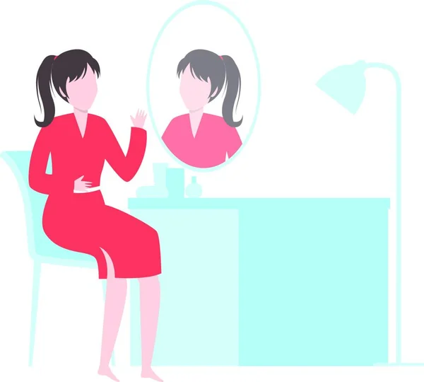 一位女士坐在椅子上 看着镜子里的自己 — 图库矢量图片