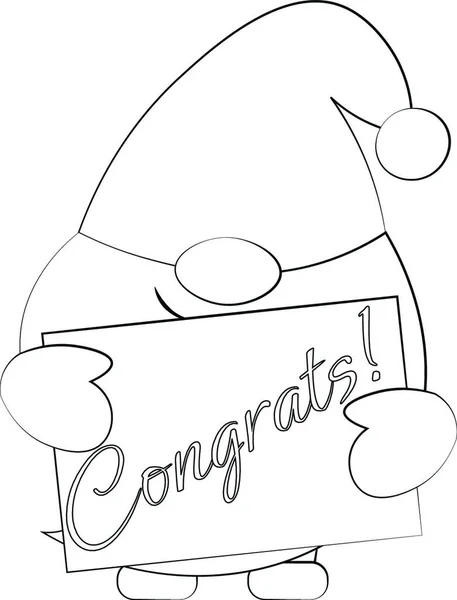 Kleine Begroeting Gnome Met Felicitaties Tekening Illustratie Zwart Wit — Stockvector