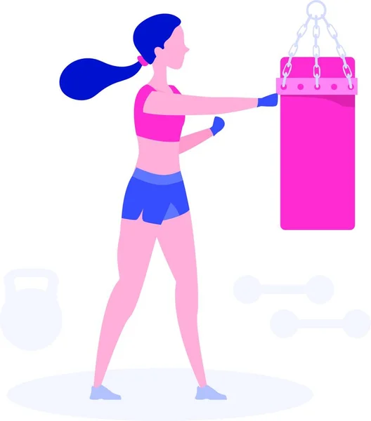 Egy Lány Gyakorolja Bokszzsákot Fitnesz — Stock Vector
