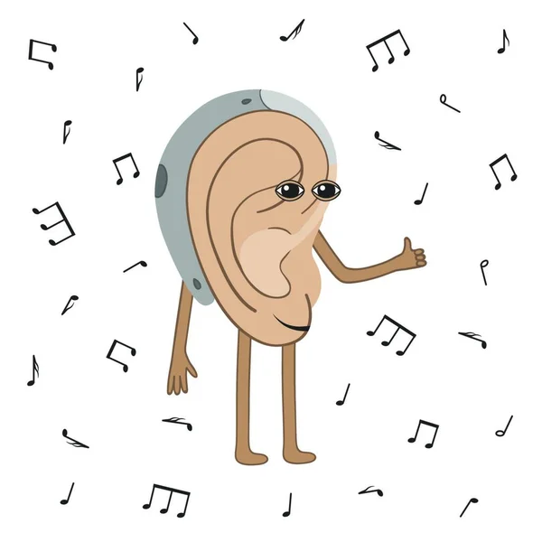 Радостное Человеческое Ухо Слушает Музыку Слуховым Аппаратом Мультфильм — стоковый вектор