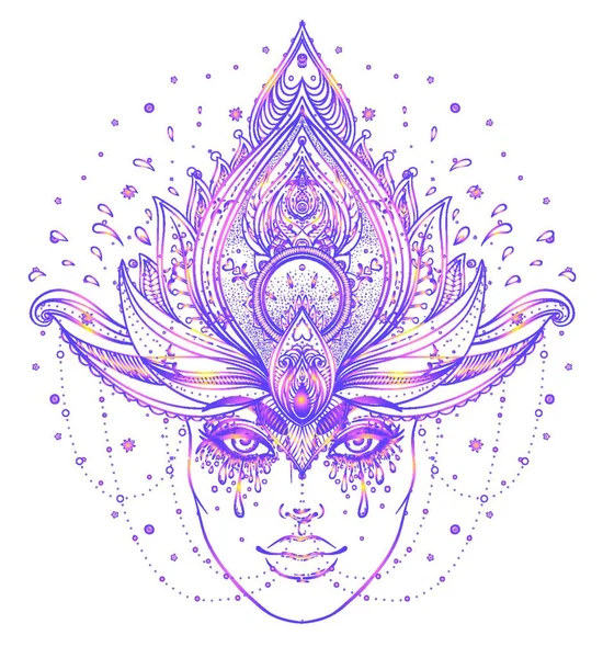 Tribal Fusion Boho Diva Beautiful Asian Divine Girl Ornate Crown — Image vectorielle