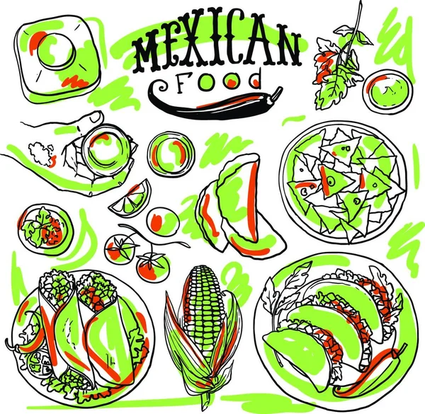Wyciągnąć Rękę Piękny Zestaw Ilustracji Kuchni Meksykańskiej — Wektor stockowy