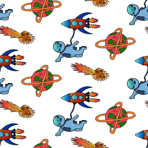 Hand draw aliens and ufo seamless pattern of vector objects and design elements isolated on white background. Baby vector background illustration with space.