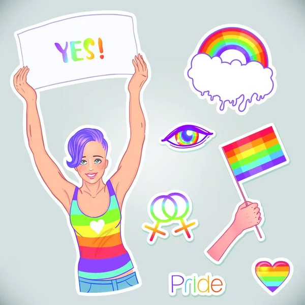 Love Parade Young Female Character Holding Rainbow Colored Flag Lesbian — Image vectorielle