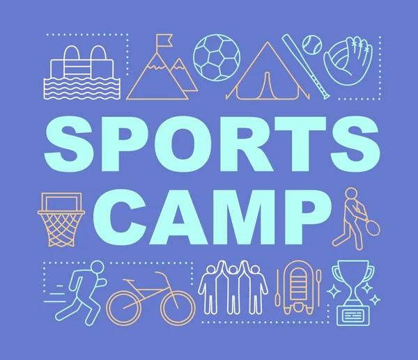 Sports training camp word concepts banner. Active outdoor games and competitions. Presentation, website. Isolated lettering typography idea with linear icons. Vector outline illustration