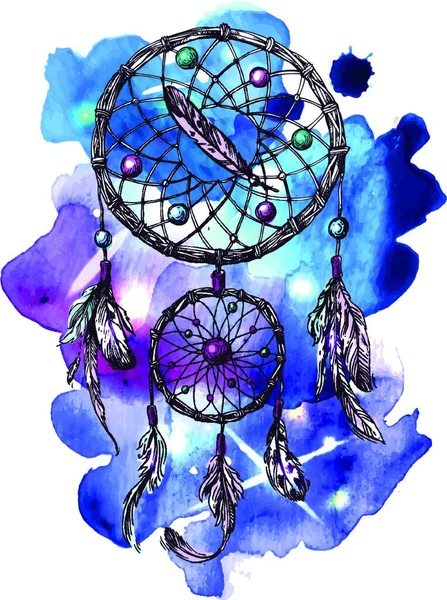 羽を持つ民族の夢のキャッチャーのカラフルなイラスト — ストックベクタ