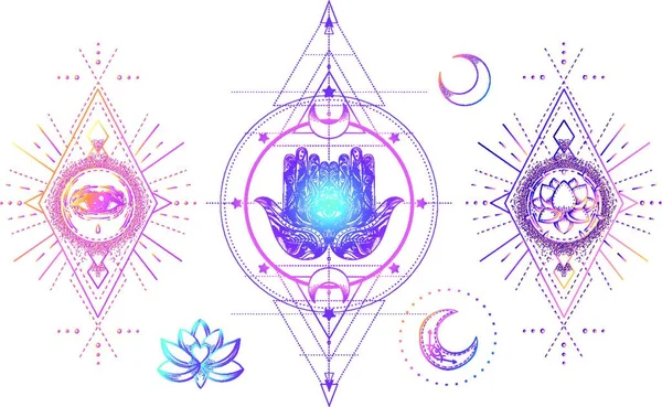 Sacred Geometry and Boo symbol set. Ayurveda sign of harmony and balance.  Tattoo design, yoga logo. poster, t-shirt textile. Astrology, esoteric,  religion. - SuperStock