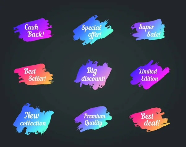 Promo Phrases Set Colorful Brush Strokes Background — Stock Vector