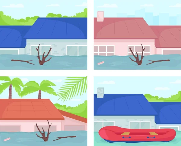 Überschwemmungen Städtischen Gebieten Flache Farbvektorillustrationen Gesetzt — Stockvektor