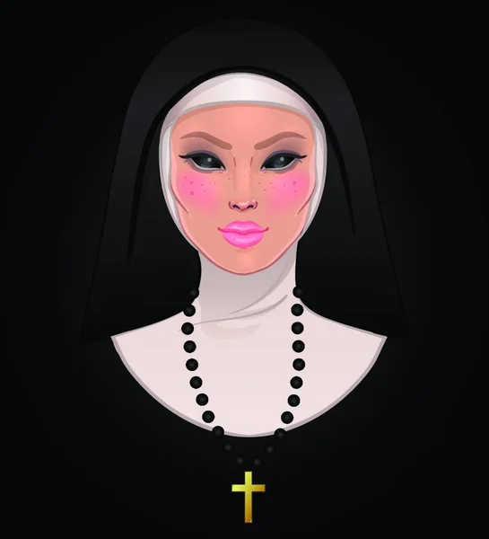 Catholic nun with empty creepy eyes. Halloween character concept. Mystic beautiful girl, gothic evil witch. Mysticism, religion, spirituality, occultism. Isolated color vector illustration