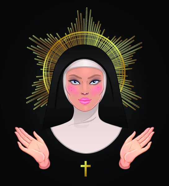 Beautiful young catholic nun with golden halo, open blessing hands and cross. Vector illustration of a praying christian woman isolated on black. Catholicism.