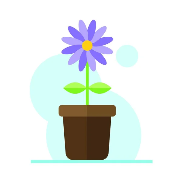Purple flower in pot flat illustration. Color vector icon. Purple flower with green leaves in pot vector illustration. Floral business concept