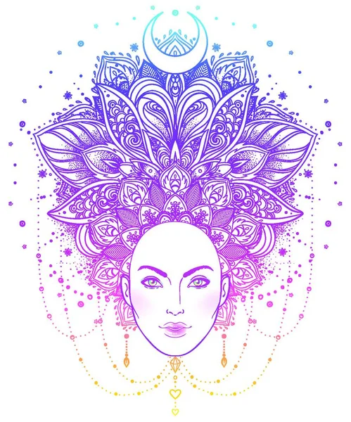 トライバル核融合 Boho Diva 華やかな冠を持つ美しいアジアの神聖な女の子 ココシュニクは触発しました ボヘミアの女神 手描きの上品なイラスト — ストックベクタ