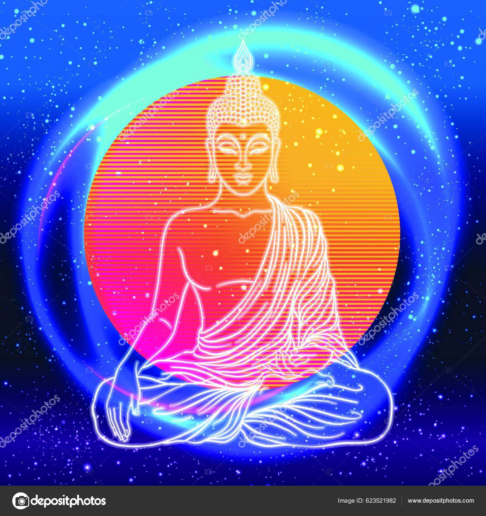 Sitting Buddha Colorful Neon Background Vector Illustration Vintage